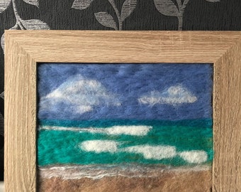 Beach seascape needlefelted artwork A4 picture. Summer, Wall decor, beach scene wall hanging art