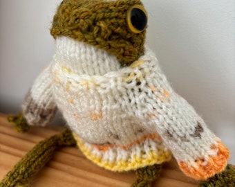 Knitted Frogs, handknitted frog in a jumper Cute gift lucky frog in a sweater gift for frog lovers