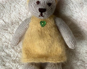 Hand knitted little bear in dress, cute teddy gift for friend or child baby shower gift