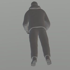 May include: A gray hooded jacket with a zipper and a gray pair of pants. The person is wearing a gray beanie.