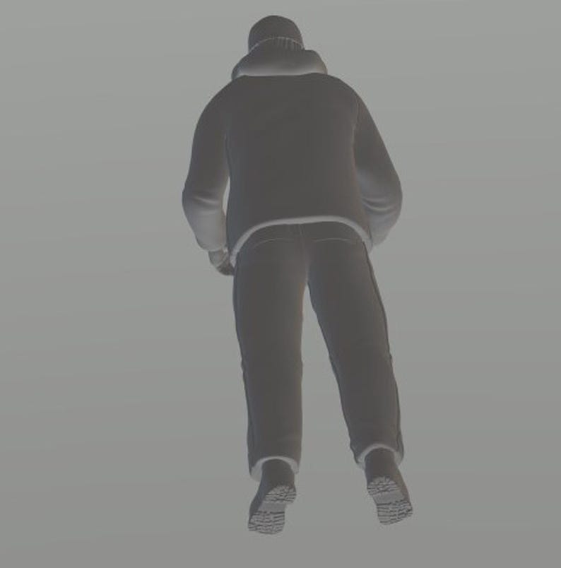 May include: A gray hooded jacket with a zipper and a gray pair of pants. The person is wearing a gray beanie.