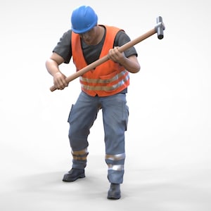 May include: A construction worker wearing a blue hard hat and an orange safety vest is holding a sledgehammer. The worker is wearing blue jeans with reflective stripes.