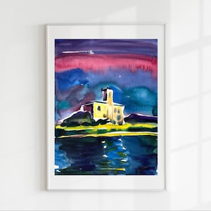 Watercolor Lighthouse Painting – Sardinia Mediterranean Seascape, Original Hand-Painted Art, Coastal Wall Decor, Perfect Gift for Sea Love