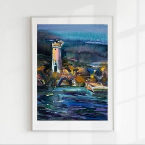 Watercolor Lighthouse – Sardinia Sea View, Hand-Painted Coastal Art, Mediterranean Wall Decor