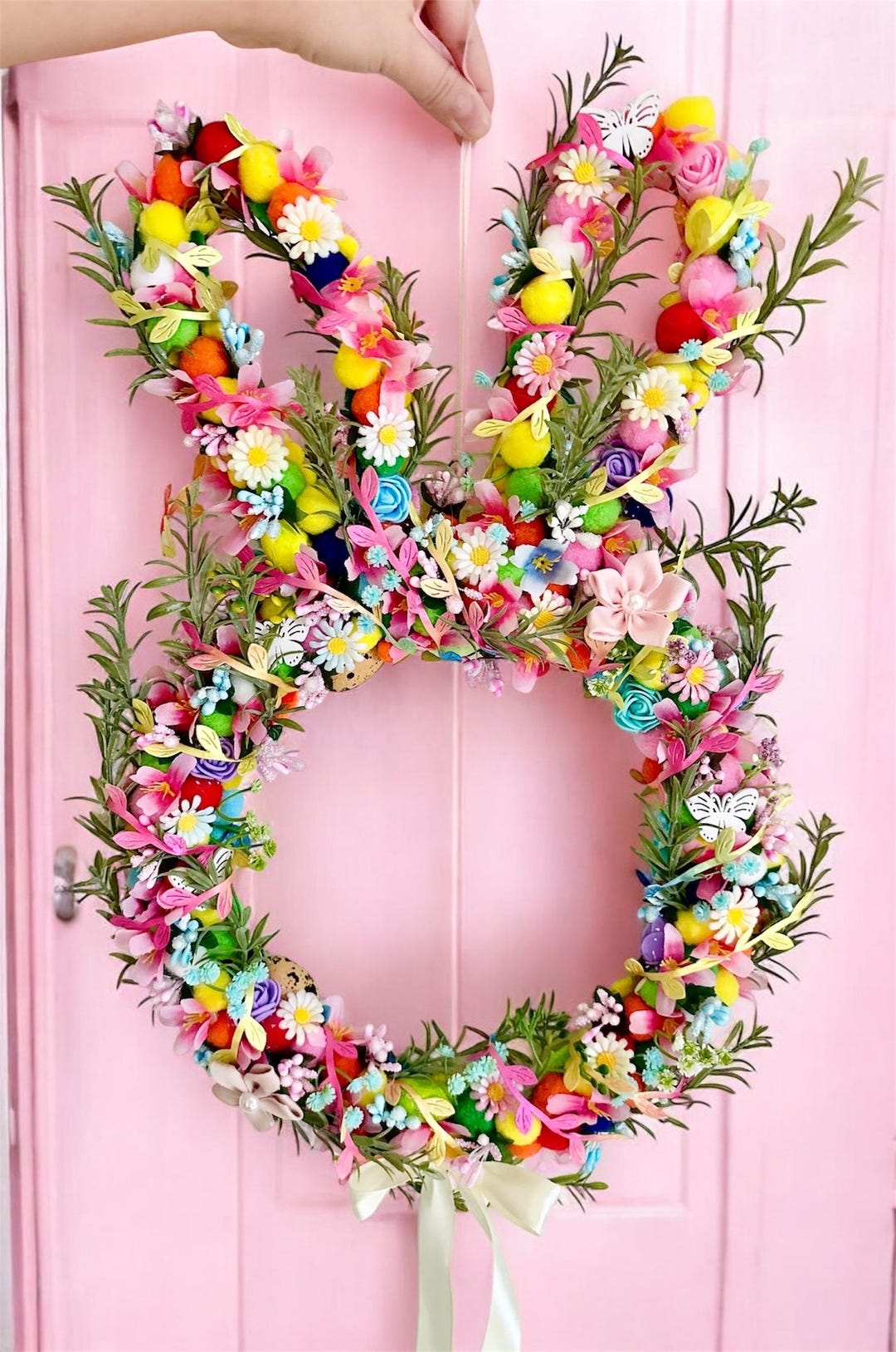Unique Handmade Floral Spring Bunny Ears Wreath, Colorful Door/wall ...
