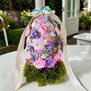 Unique Handmade Elegant Textile Decorative Egg with Flowers & Bows, Spring Floral Centerpiece, Romantic Table Decor, Original Gift for Mom