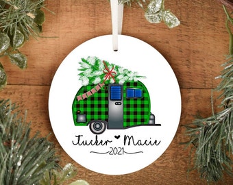 Merry Christmas, keepsake, Christmas ornament, ceramic ornament, sublimation, camper ornament, personalized ornament, custom, plaid camper