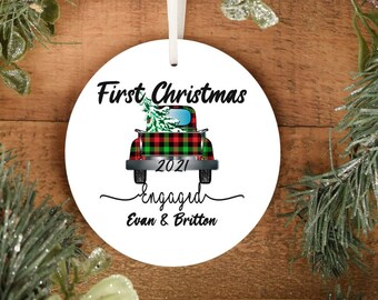 First Christmas engaged, keepsake, Christmas ornament, ceramic ornament, sublimation, personalized ornament, engaged ornament