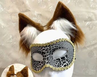 Oreilles de loup marron et blanc,Oreilles de chat,Oreilles de chaton,Déguisement d'Halloween,Fursuit animal,Oreille d'animal en peluche,Accessoire de soirée cosplay