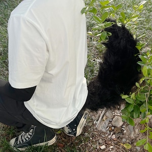 May include: A person wearing a white t-shirt and black pants with a black furry tail attached to their waist.