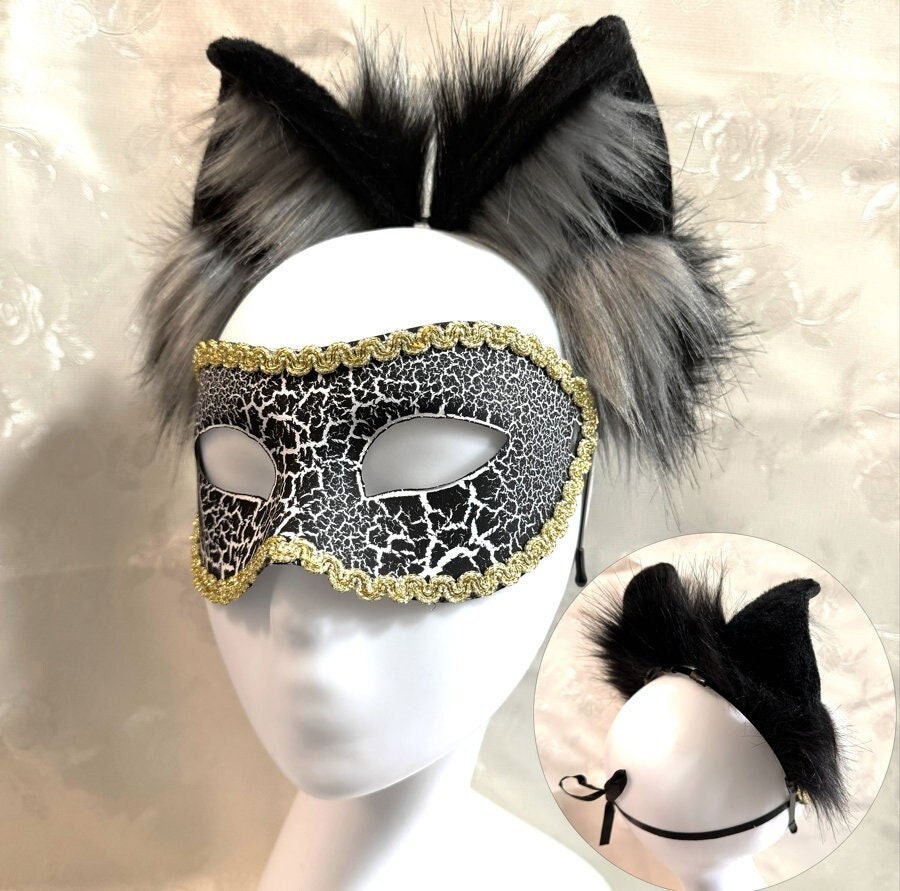 Grey & Black Wolf Ears,Cat Ears,Kitten Ears,Halloween Costume,Animal Fursuit,Plush Animal Ear,Cosplay Party Accessory