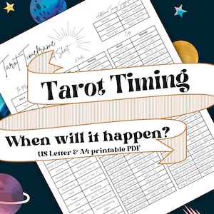 May include: A printable tarot timing chart with the title "Tarot Timing: When will it happen?"  The chart lists tarot cards and their corresponding timeframes, such as "immediately", "June 21-July 1", "July 2-11", and "July 12-21".