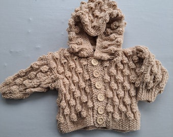 Babies popcorn stitch cardigan/ jacket with hood - bobble jacket - unisex jacket