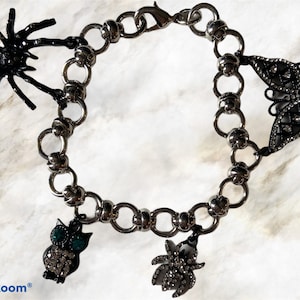 Halloween Charm Bracelet: Black Butterfly, Spider & Owl