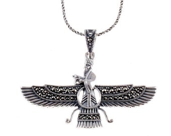 May include: A silver necklace with a winged figure pendant. The pendant is decorated with black gemstones. The necklace is labeled "Small".