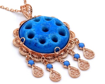 Rose Gold Plated, 925 Sterling Silver Handmade Evil Eye Necklace / Turquoise Gemstone Assyrian Necklace