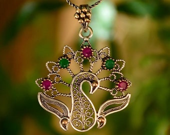 925 Sterling Silver Filigree Handmade Peacock Necklace