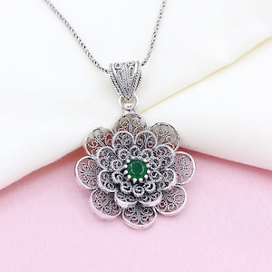 Flower model, handmade and natural stone filigree silver necklace, Hand embroidered silver necklace.