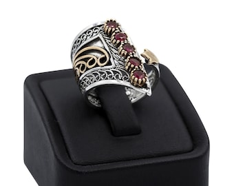 925 Sterling Silver Filigree Handmade Ring: Ruby Gemstones