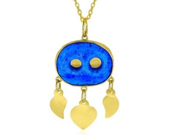 22K Gold Plated, 925 Sterling Silver Handmade Evil Eye Necklace / Turquoise Gemstone Assyrian Necklace