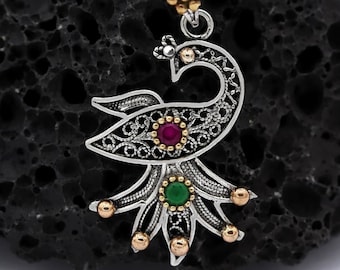 925 Sterling Silver Filigree Handmade Peacock Necklace