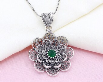 Flower model, handmade and natural stone filigree silver necklace, Hand embroidered silver necklace.