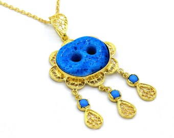 22K Gold Plated, 925 Sterling Silver Handmade Evil Eye Necklaces / Turquoise Gemstone Assyrian Necklaces