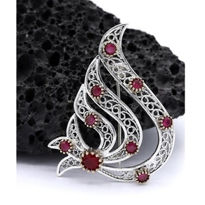 Natural stone handcrafted filigree silver brooch, handmade brooch, natural stone brooch, ruby stone brooch, emerald stone brooch