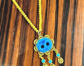 22K Gold Plated, 925 Sterling Silver Handmade Evil Eye Necklace / Turquoise Gemstone Assyrian Necklace