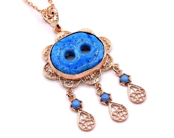 Rose Gold Plated, 925 Sterling Silver Handmade Evil Eye Necklace / Turquoise Gemstone Assyrian Necklace