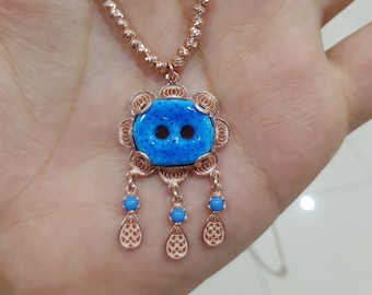 Rose Gold Plated, 925 Sterling Silver Handmade Evil Eye Necklace / Turquoise Gemstone Assyrian Necklace