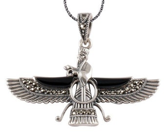 925 Sterling Silver Ahura Mazda Necklace with Black Agate and Marcasite Gemstones (Large Size)