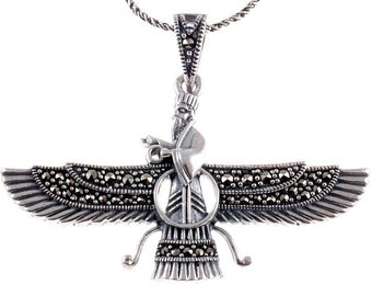 925 Sterling Silver Ahura Mazda Necklace with Marcasite Gemstones  (Large Size)