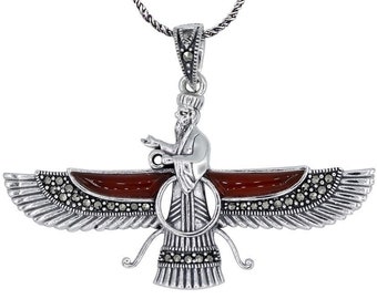 925 Sterling Silver Ahura Mazda Necklace with Brown Agate and Marcasite Gemstones  (Large Size)