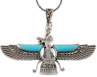 925 Sterling Silver Ahura Mazda Necklace with Turquoise and Marcasite Gemstones  (Large Size)