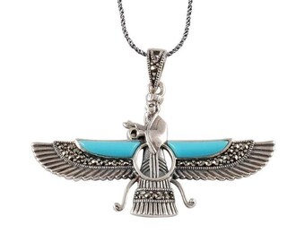 925 Sterling Silver Ahura Mazda Necklace with Turquoise and Marcasite Gemstones (Medium Size)