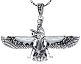 925 Sterling Silver Ahura Mazda Necklace with Mother of Pearl and Marcasite Gemstones (Large Size)