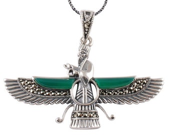 925 Sterling Silver Ahura Mazda Necklace with Green Agate and Marcasite Gemstones