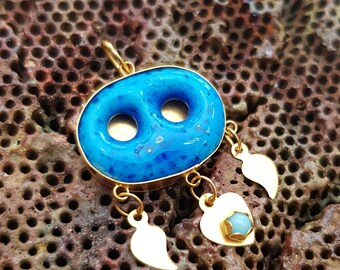 14K Gold Turquoise Handmade Evil Eye Necklace / Turquoise Gemstone Assyrian Necklace