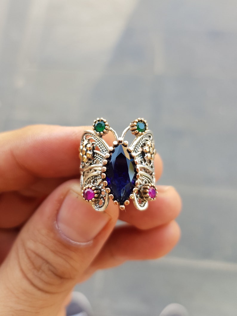 Sapphire Gemstone Reyyan Ring, Butterfly Model Hercai Ring, Butterfly Ring, Handmade Reyyan Ring, Filigree Ring image 4