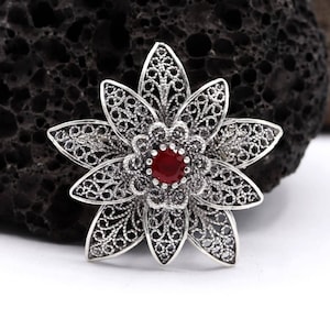 Handmade Lotus Flower Silver Brooch Made With Filigree Art, Handmade Water Lily Flower Silver Brooch Made With Filigree Art, Handmade Brooch