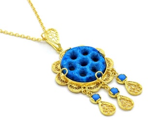 22K Gold Plated, 925 Sterling Silver Handmade Evil Eye Necklaces / Turquoise Gemstone Assyrian Necklaces
