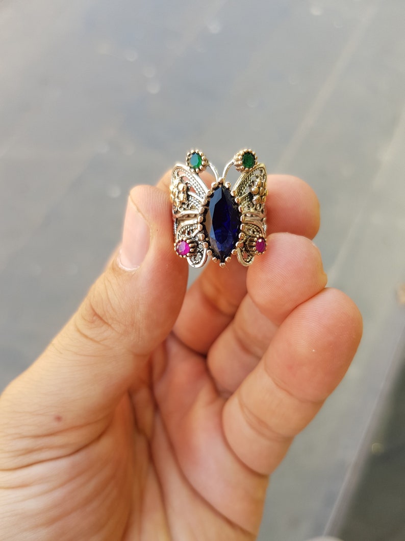 Anillo Reyyan de piedra preciosa de zafiro, anillo Hercai modelo mariposa, anillo de mariposa, anillo Reyyan hecho a mano, anillo de filigrana imagen 8