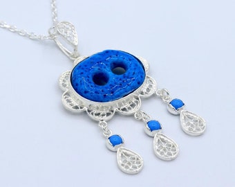 925 Sterling Silver Handmade Evil Eye Necklaces / Turquoise Gemstone Assyrian Necklaces
