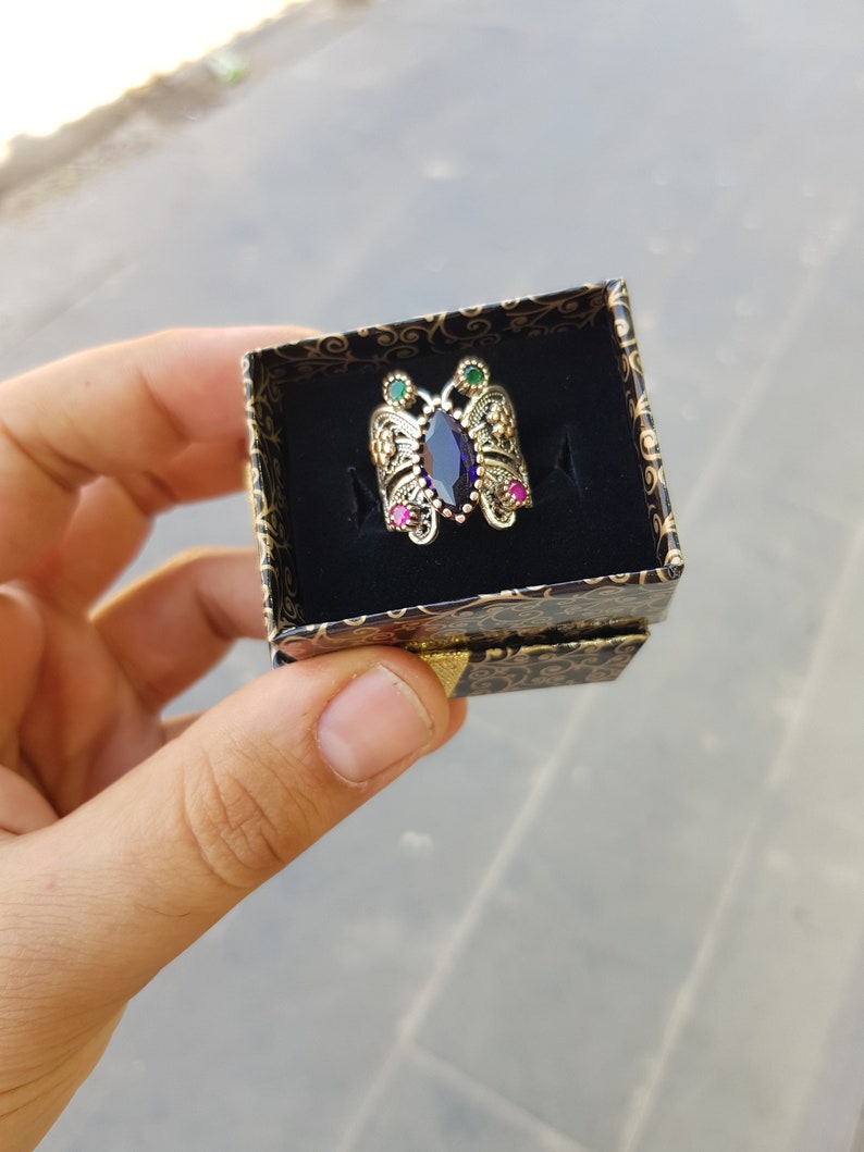 Sapphire Gemstone Reyyan Ring, Butterfly Model Hercai Ring, Butterfly Ring, Handmade Reyyan Ring, Filigree Ring image 7