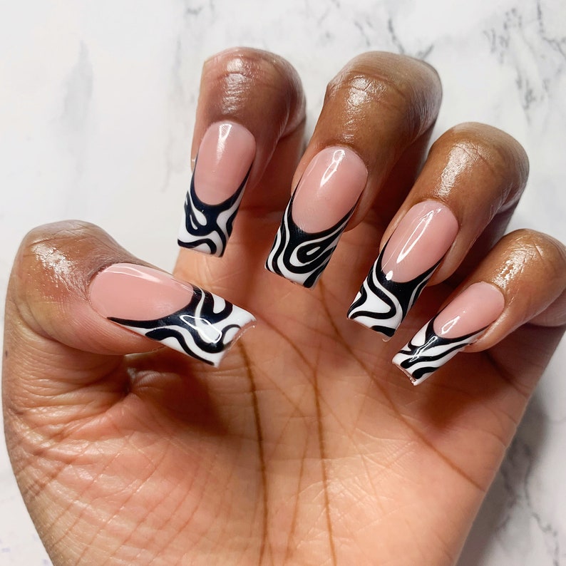 White French Tip Press On Nails, Black Swirl Abstract Almond Nails, Coffin Nails, Square Nails image 2