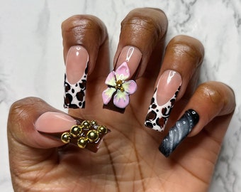Brown French Tip Press On Nails, Animal Print, 3D Flower | Almond, Coffin, Square, Stiletto
