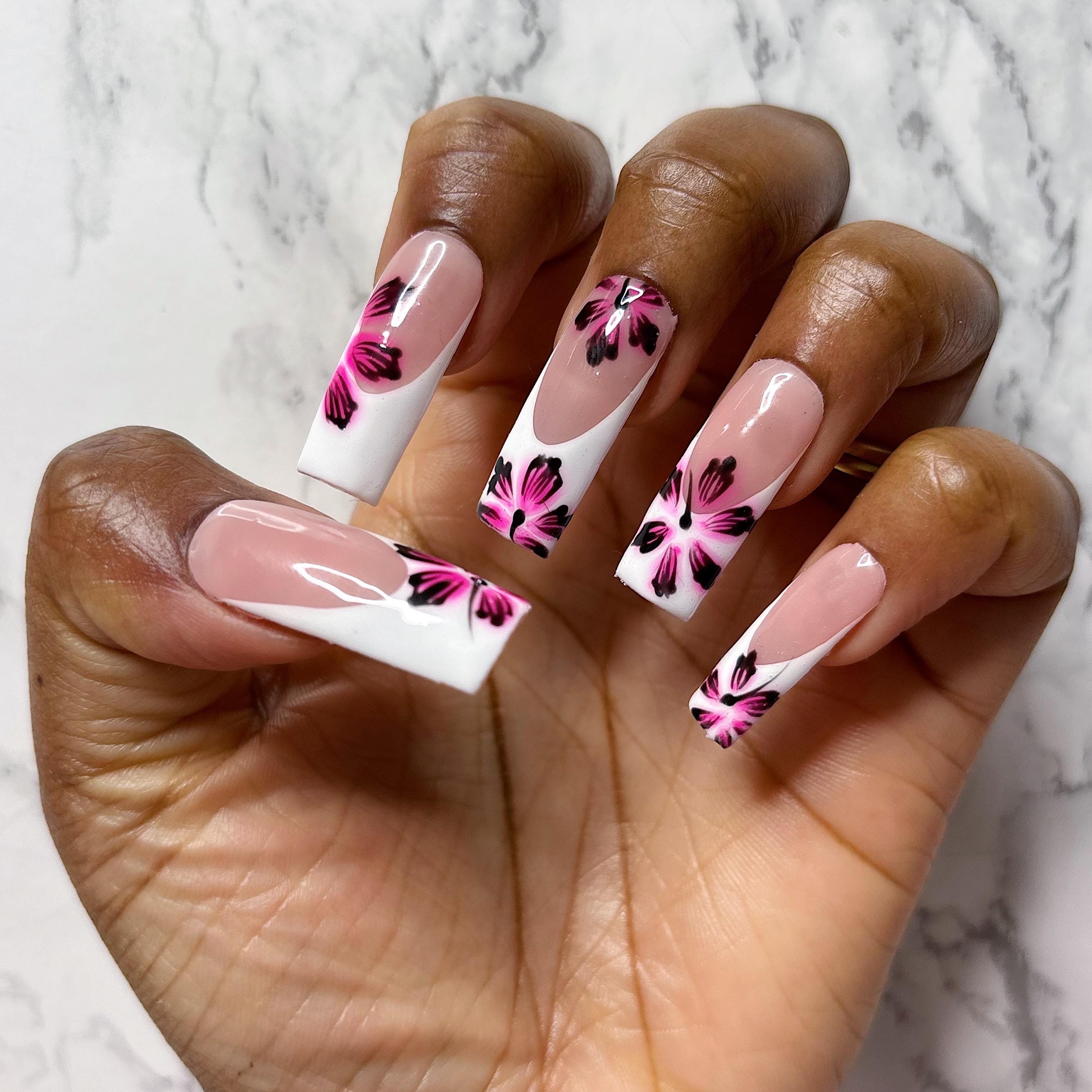 White French Tip Press On Nails, Pink & Black Hibiscus Flowers Almond, Coffin, Square, Stiletto