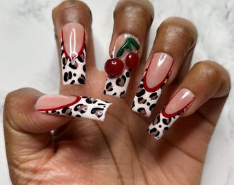 Leopard Print French Tip Nails with 3D Cherries | Almond, Coffin, Square, Stiletto