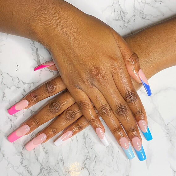 French Tip Pink Blue Gradient Press On Nail Set Almond Shape Etsy